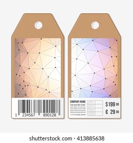 Vector tags design on both sides, cardboard sale labels with barcode. Molecule structure, connection vector, science polygonal background.