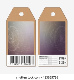 Vector tags design on both sides, cardboard sale labels with barcode. Abstract science vector background.