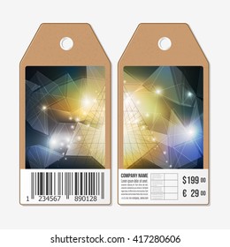 Vector tags design on both sides, cardboard sale labels with barcode. Abstract 3D pyramid, geometric colorful triangle design.