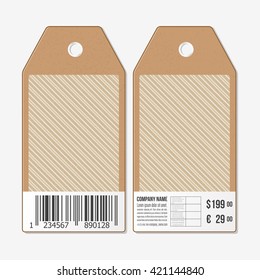 Vector tags design on both sides, cardboard sale labels with barcode. Vintage design, lines vector background.