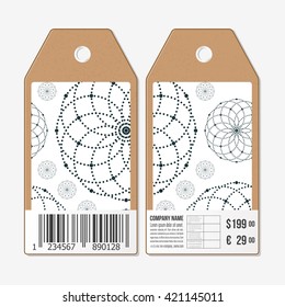 Vector tags design on both sides, cardboard sale labels with barcode. Dotted repeating modern stylish geometric background with circles and nodes. Simple abstract monochrome texture.
