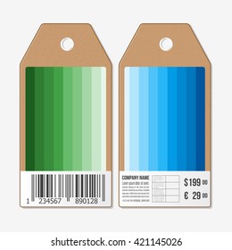 Vector tags design on both sides, cardboard sale labels with barcode. Abstract colorful business background, blue and green colors, modern stylish striped vector texture.