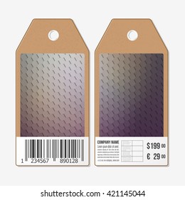 Vector tags design on both sides, cardboard sale labels with barcode. Polygonal design vector, geometric hexagonal backgrounds.
