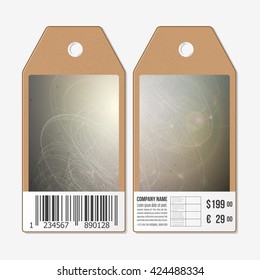 Vector tags design on both sides, cardboard sale labels with barcode. Abstract science vector background.