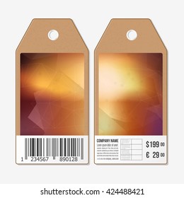 Vector tags design on both sides, cardboard sale labels with barcode. Polygonal design, geometric triangular backgrounds.