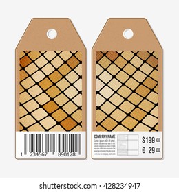 Vector tags design on both sides, cardboard sale labels with barcode. Wooden design, polygonal background, abstract vector illustration.