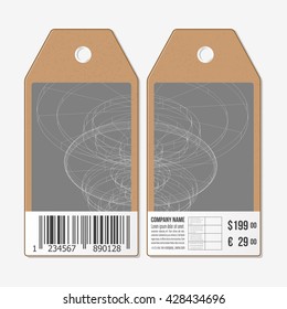 Vector tags design on both sides, cardboard sale labels with barcode. Abstract science vector background.