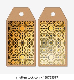 Vector tags design on both sides, cardboard sale labels with barcode. Islamic gold pattern with overlapping geometric square shapes forming abstract ornament. Vector golden texture on black background