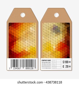 Vector tags design on both sides, cardboard sale labels with barcode. Polygonal design vector, geometric hexagonal backgrounds.