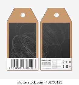 Vector tags design on both sides, cardboard sale labels with barcode. Abstract science vector background.