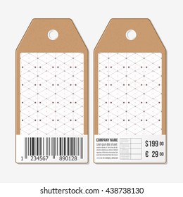 Vector tags design on both sides, cardboard sale labels with barcode. Dotted repeating modern stylish geometric background with circles and nodes. Simple abstract monochrome texture.