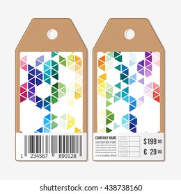 Vector tags design on both sides, cardboard sale labels with barcode. Abstract colorful business background, modern stylish hexagonal and triangle vector texture.