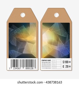 Vector tags design on both sides, cardboard sale labels with barcode. Polygonal design, geometric triangular background.