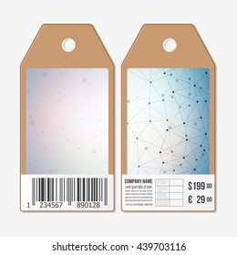 Vector tags design on both sides, cardboard sale labels with barcode. Molecule structure, connection vector, science polygonal background.