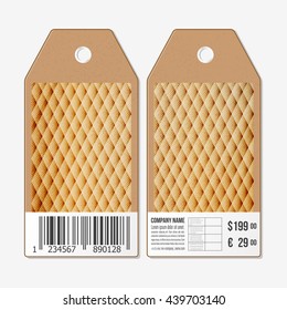 Vector tags design on both sides, cardboard sale labels with barcode. Wooden design, polygonal background, abstract vector illustration.