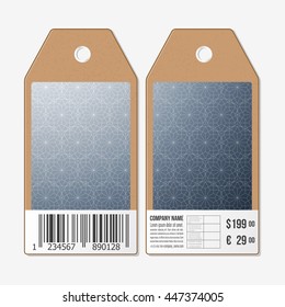 Vector tags design on both sides, cardboard sale labels with barcode. Abstract floral business background, modern stylish vector texture.