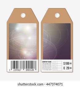 Vector tags design on both sides, cardboard sale labels with barcode. Abstract science vector background.