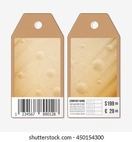 Vector tags design on both sides, cardboard sale labels with barcode. Wooden design, abstract vector background.