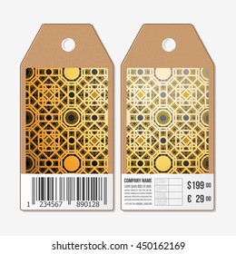 Vector tags design on both sides, cardboard sale labels with barcode. Islamic gold pattern with overlapping geometric square shapes forming abstract ornament. Vector golden texture on black background
