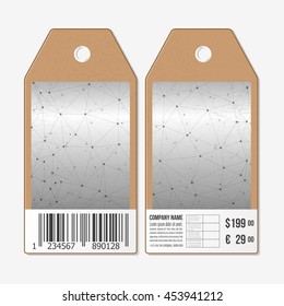 Vector tags design on both sides, cardboard sale labels with barcode. Molecule structure, connection vector, science polygonal background.