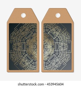 Vector tags design on both sides, cardboard sale labels. Golden technology pattern on dark background with connecting lines and dots, connection structure. Digital scientific vector