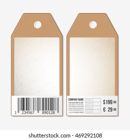 Vector tags design on both sides, cardboard sale labels with barcode. Abstract polygonal low poly backdrop with connecting dots and lines, connection structure.