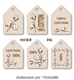 Vector tags with an illustration of a cotton branch. 100 cotton.