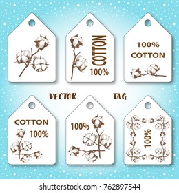 Vector tags with an illustration of a cotton branch. 100 cotton.