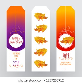 Vector tags with a illustration of pig, symbol of 2019 on the Chinese calendar on colorful background. Yellow Earthy Pig. Element for New Year's design. Сhinese traditional ornament, decoration.