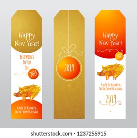 Vector tags with a illustration of pig, symbol of 2019 on the Chinese calendar on colorful background. Yellow Earthy Pig. Element for New Year's design. Сhinese traditional ornament, decoration.