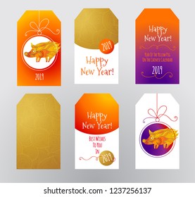 Vector tags with a illustration of pig, symbol of 2019 on the Chinese calendar on colorful background. Yellow Earthy Pig. Element for New Year's design. Сhinese traditional ornament, decoration.