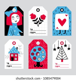 Vector tags with phrases and decor elements. Color image, fairytale theme. Design for t-shirt and prints.