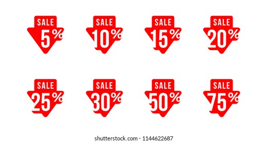 Etiquetas vectoriales para ventas con reducción de flecha y porcentaje diferente: 5%, 10%, 15%, 20%, 25%, 30% 50% y 75%