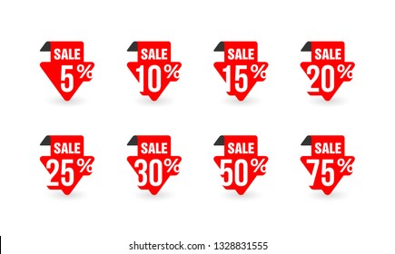 Vector tags for sales in wobbler and arrow down firm with different percentage - 5%, 10%, 15%, 20%, 25%, 30% 50% and 75%
