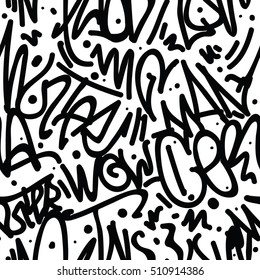 Vector tags seamless pattern. Fashion graffiti hand drawing texture, street art retro style