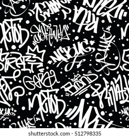 Vector tags seamless pattern. Fashion graffiti hand drawing texture, street art retro style, abstract, vintage design for t-shirt, textile, wrapping paper in black, white