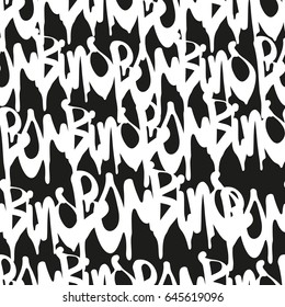 Vector tags seamless pattern. Fashion graffiti hand drawing texture, street art retro style vintage design for t-shirt skateboard textile wrapping paper in black white