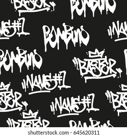 Vector tags seamless pattern. Fashion graffiti hand drawing texture, street art retro style vintage design for t-shirt skateboard textile wrapping paper in black white