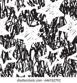 Vector tags seamless pattern. Fashion black and white graffiti hand drawing design texture in hip hop street art style for t-shirt skateboard textile