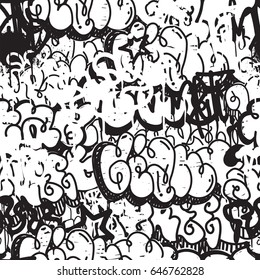 Vector tags seamless pattern. Fashion black and white graffiti hand drawing design texture in hip hop street art style for t-shirt skateboard textile