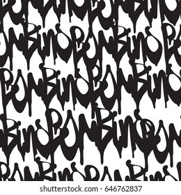 Vector tags seamless pattern. Fashion black and white graffiti hand drawing design texture in hip hop street art style for t-shirt skateboard textile
