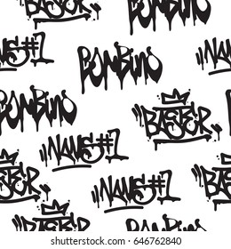 Vector tags seamless pattern. Fashion black and white graffiti hand drawing design texture in hip hop street art style for t-shirt skateboard textile