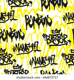 Vector tags seamless pattern. Fashion black and white graffiti hand drawing design texture in hip hop street art style for t-shirt skateboard textile