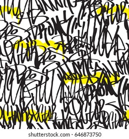 Vektor Tags nahtloses Muster. Fashion-Schwarz-Weiß-Graffiti-Design-Textur im Stil der Hip-Hop-Street-Art für T-Shirt-Skateboard-Spinnstoff