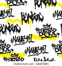 Vector tags seamless pattern. Fashion black and white graffiti hand drawing design texture in hip hop street art style for t-shirt skateboard textile