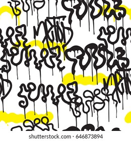 Vector tags seamless pattern. Fashion black and white graffiti hand drawing design texture in hip hop street art style for t-shirt skateboard textile
