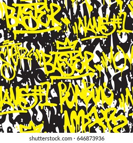 Vector tags seamless pattern. Fashion black and white graffiti hand drawing design texture in hip hop street art style for t-shirt skateboard textile