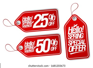 Vector tags set - hello spring, special offer, spring savings 25% off, 50% off