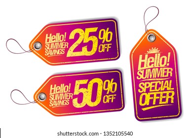Vector tags set - hello summer, special offer, summer savings, 25% off, 50% off