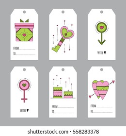 Vector tags set, thin line illustration. Colored pictograms, romantic isolated symbols. Valentine's Day, feelings of romance and love. Simple mono linear modern design.